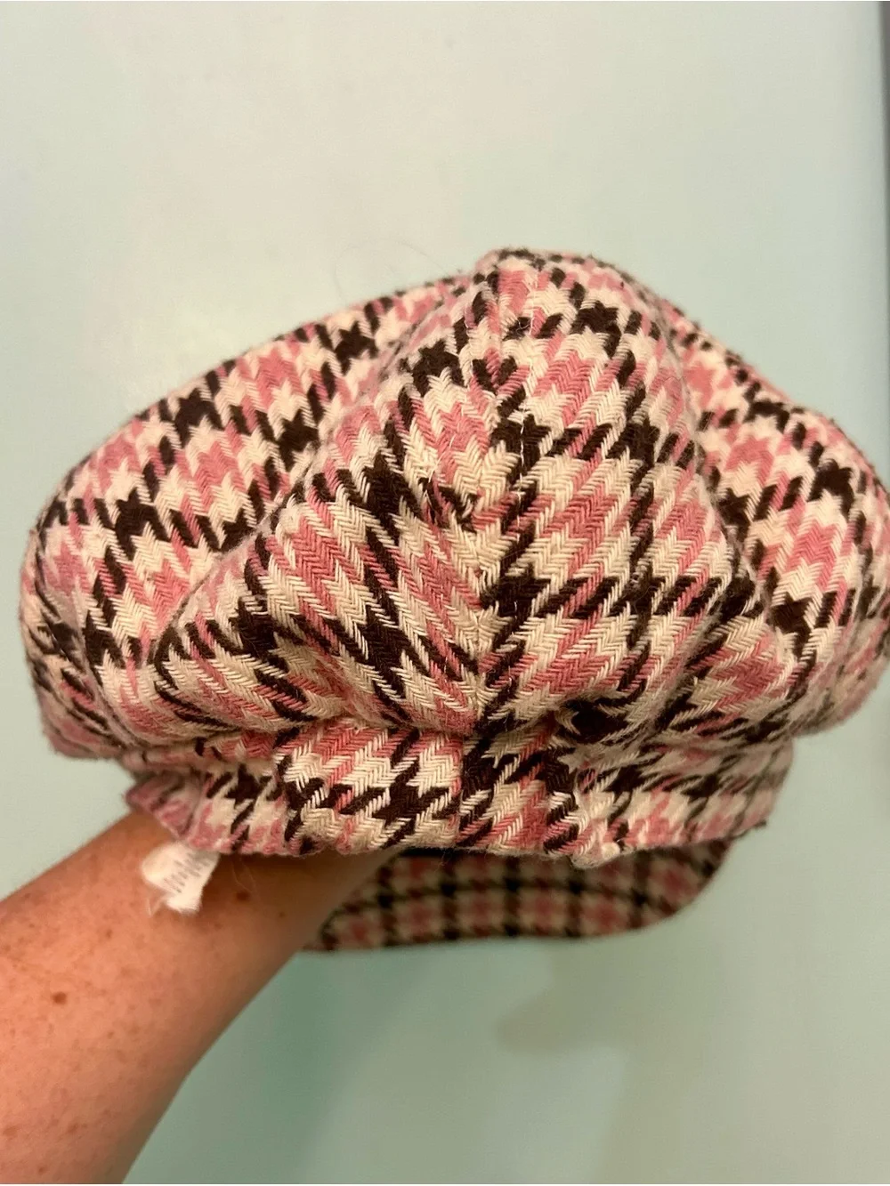 Women's VTG Pink Brown Houndstooth Newsboy Hat Cap Y2K Plaid